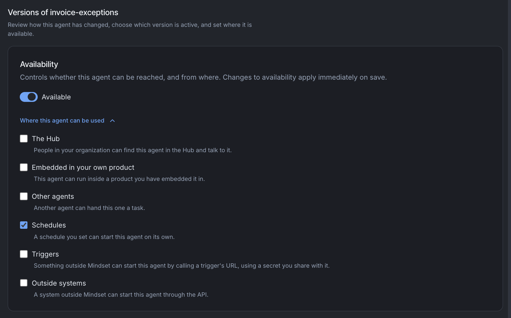The Availability card for invoice-exceptions: the Available switch on, and the six places it can be used listed below as checkboxes, with only Schedules ticked.