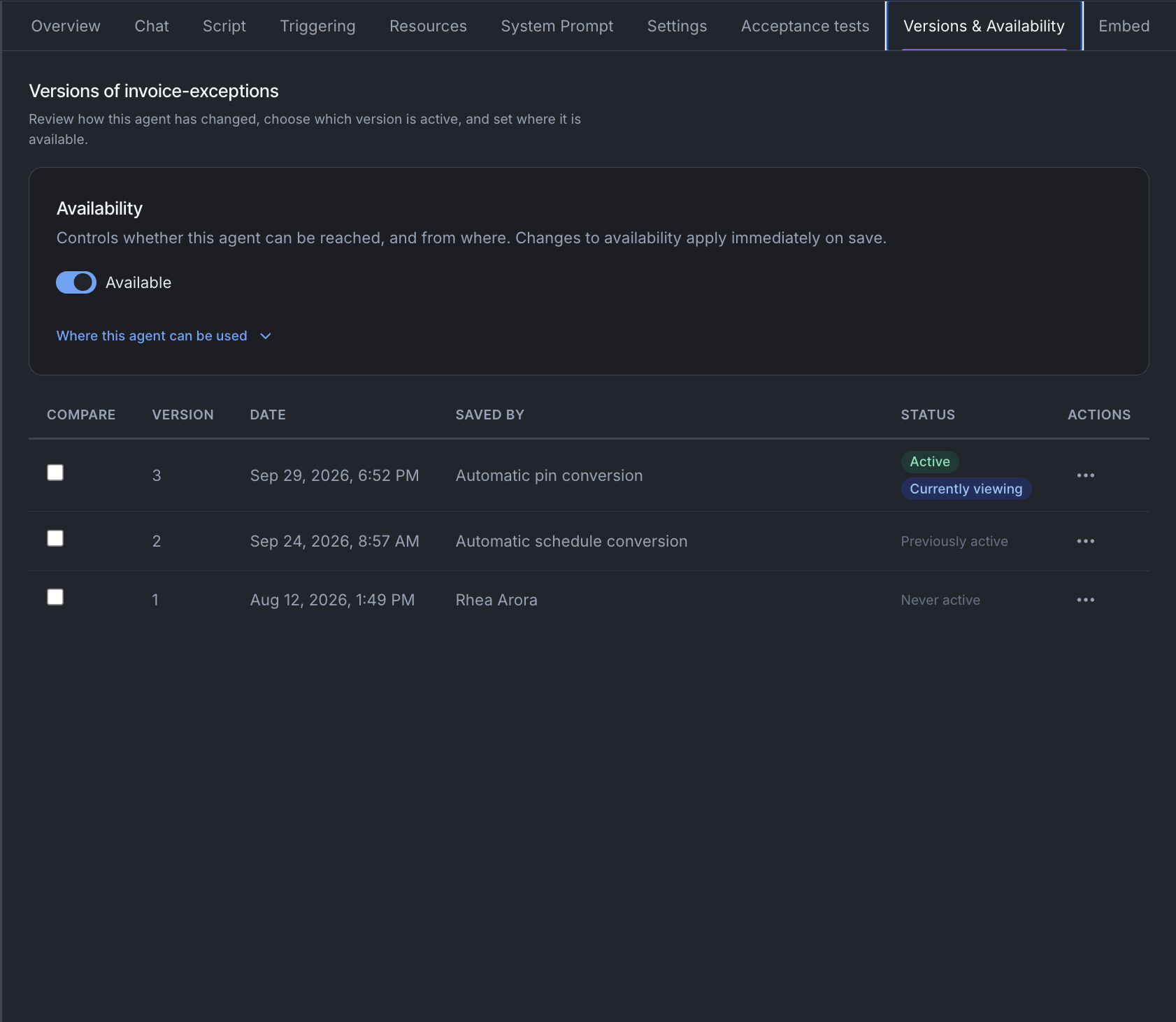 The Versions & Availability tab for invoice-exceptions: the Availability card at the top, then versions 3, 2 and 1 with their dates, who saved them and their status.