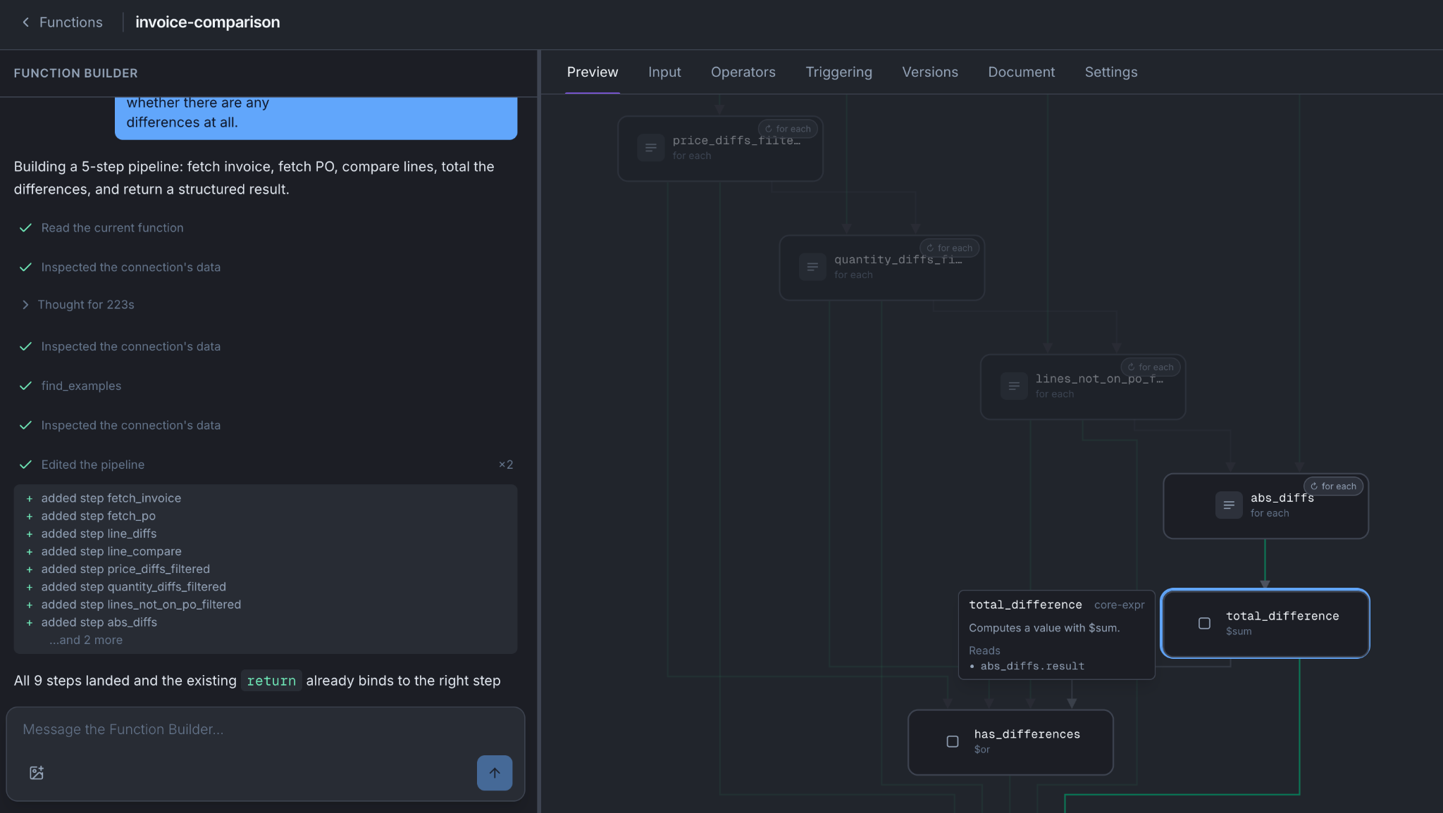 The Preview tab showing the invoice comparison function as a diagram: fetch, filter and compare steps flowing into its result.