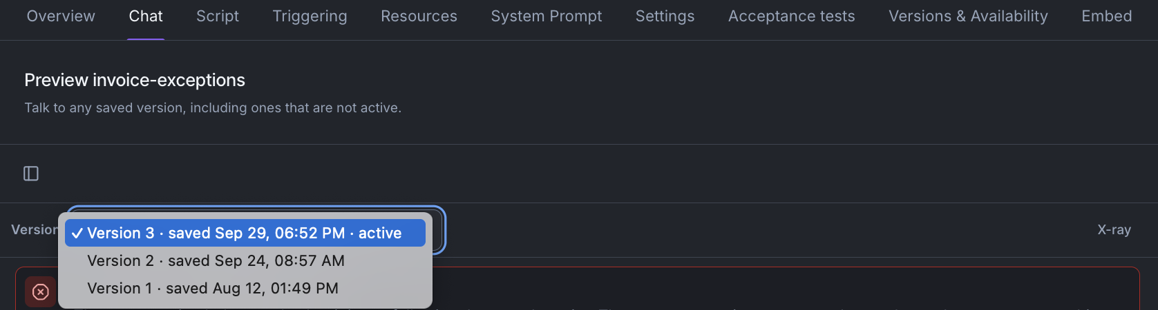 The version picker on the Chat tab, listing versions 3, 2 and 1, with version 3 marked active.