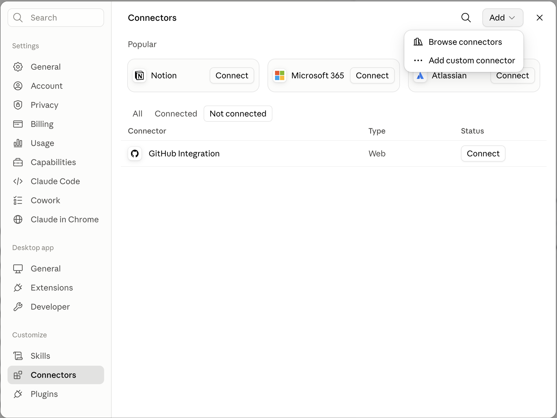 Claude's connector settings, with "Add custom connector" in the Add menu.