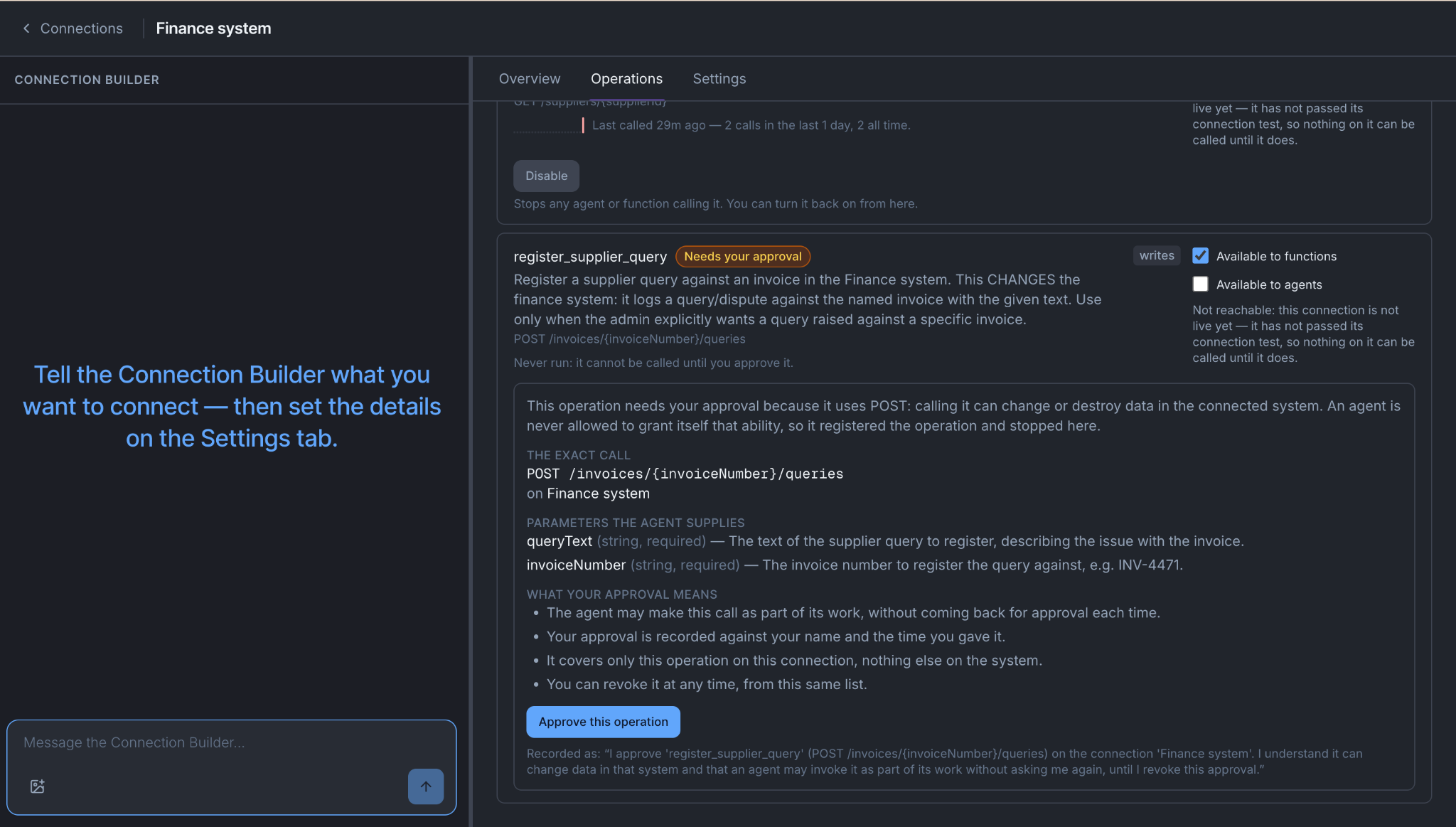 The Operations tab with register_supplier_query showing Needs your approval, the exact call it would make, and an Approve this operation button.