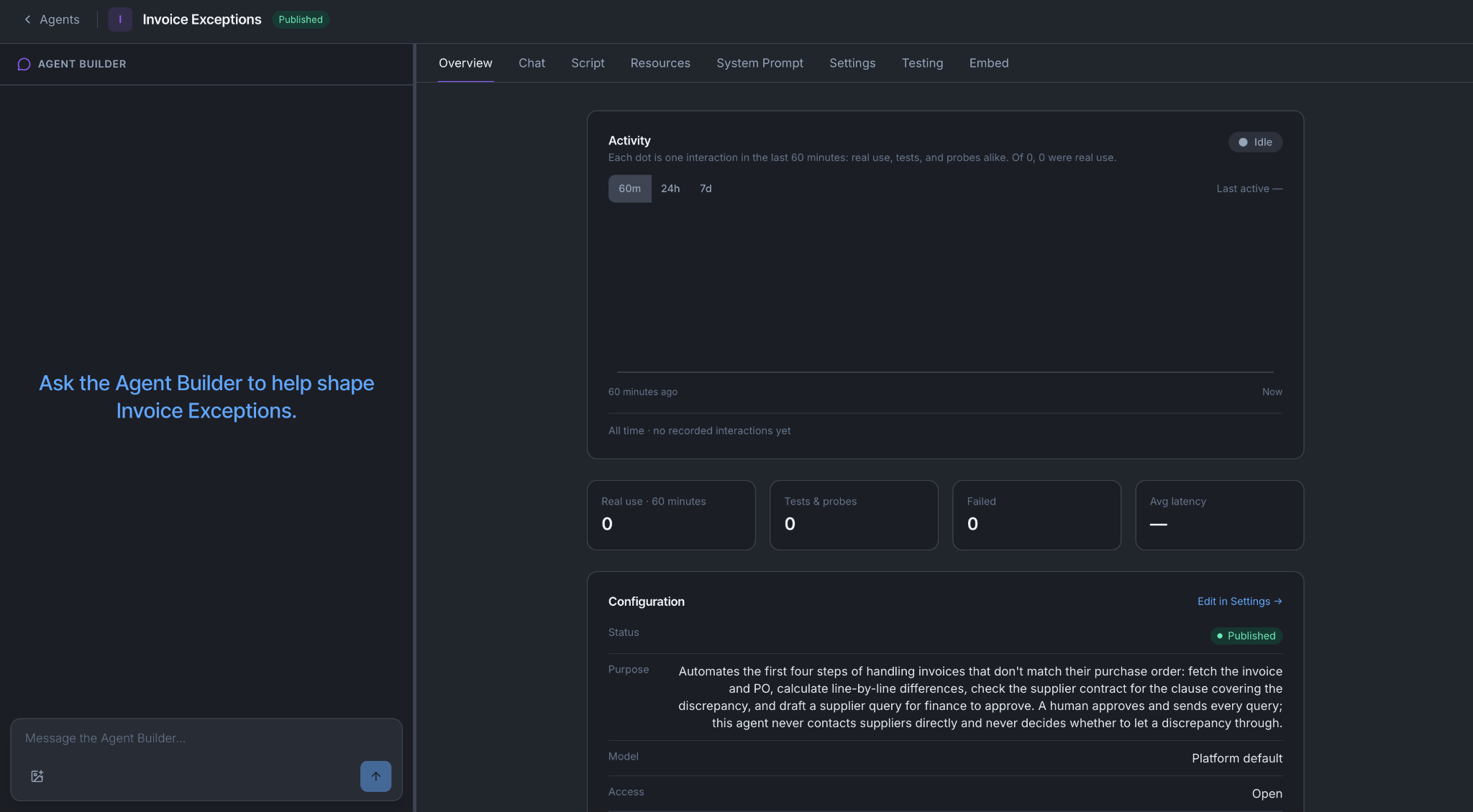 The Invoice Exceptions agent's Overview tab, showing activity, usage and its configuration.