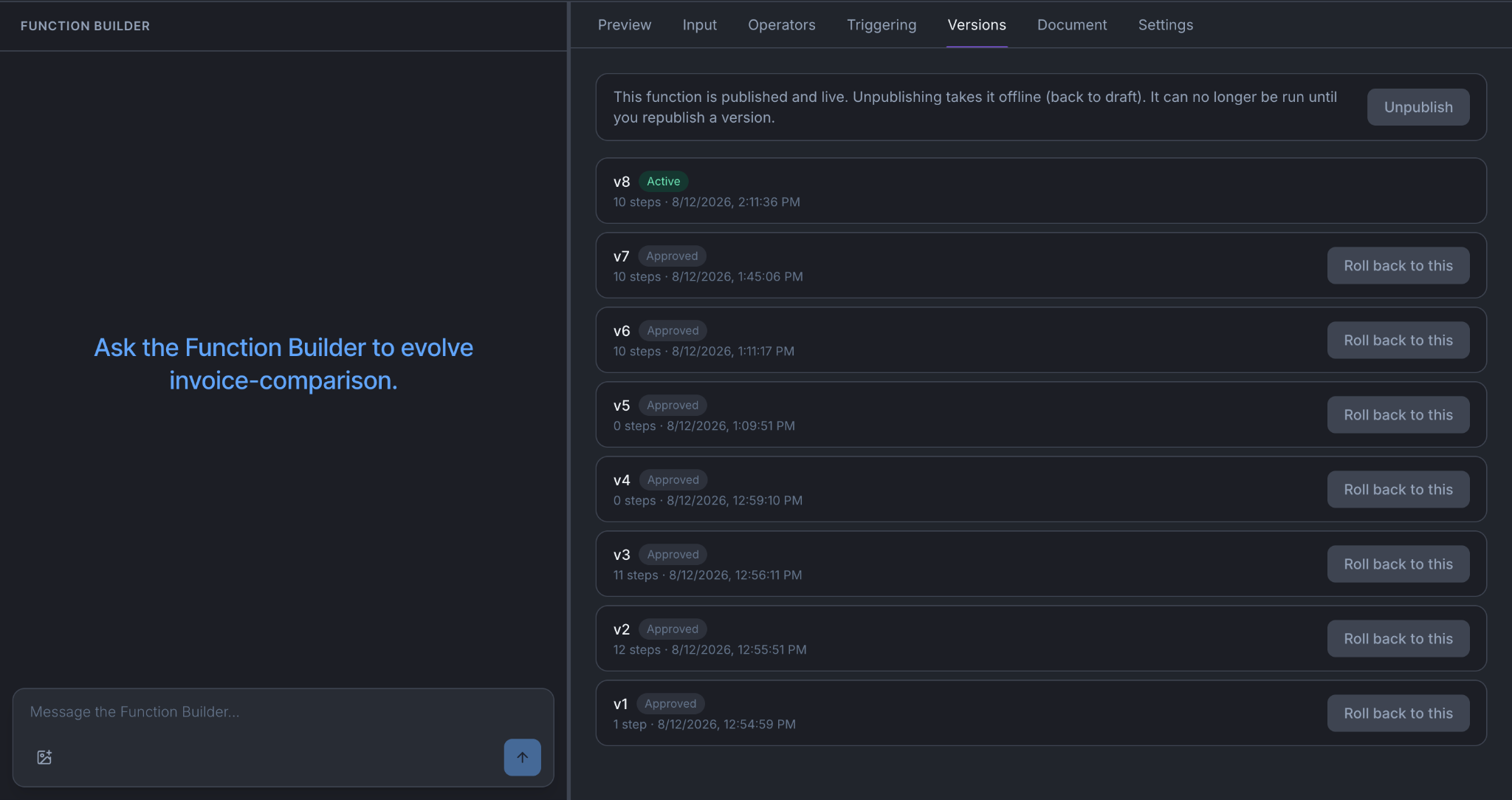 The invoice comparison function's Versions tab, with earlier versions each offering Roll back to this, and the active version marked.