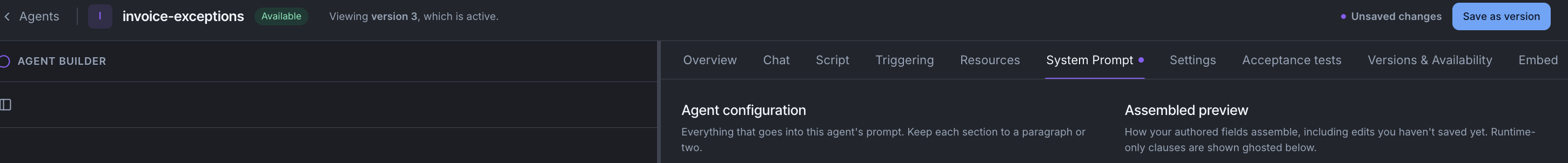 The top of the invoice-exceptions agent page: a purple dot with Unsaved changes, the Save as version button, and a matching dot on the System Prompt tab.