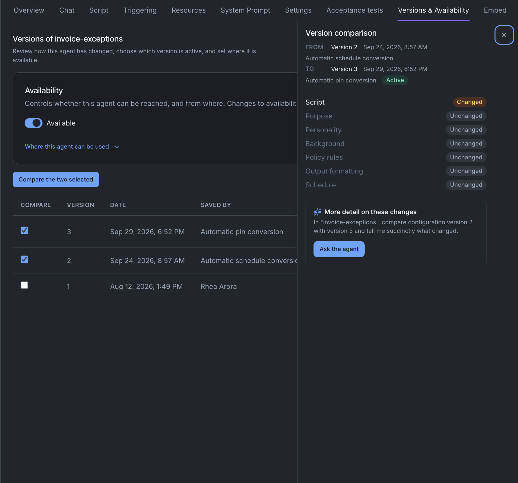 The version comparison for invoice-exceptions, from version 2 to version 3: Script marked Changed, every other part Unchanged, and a More detail on these changes card with an Ask the agent button.