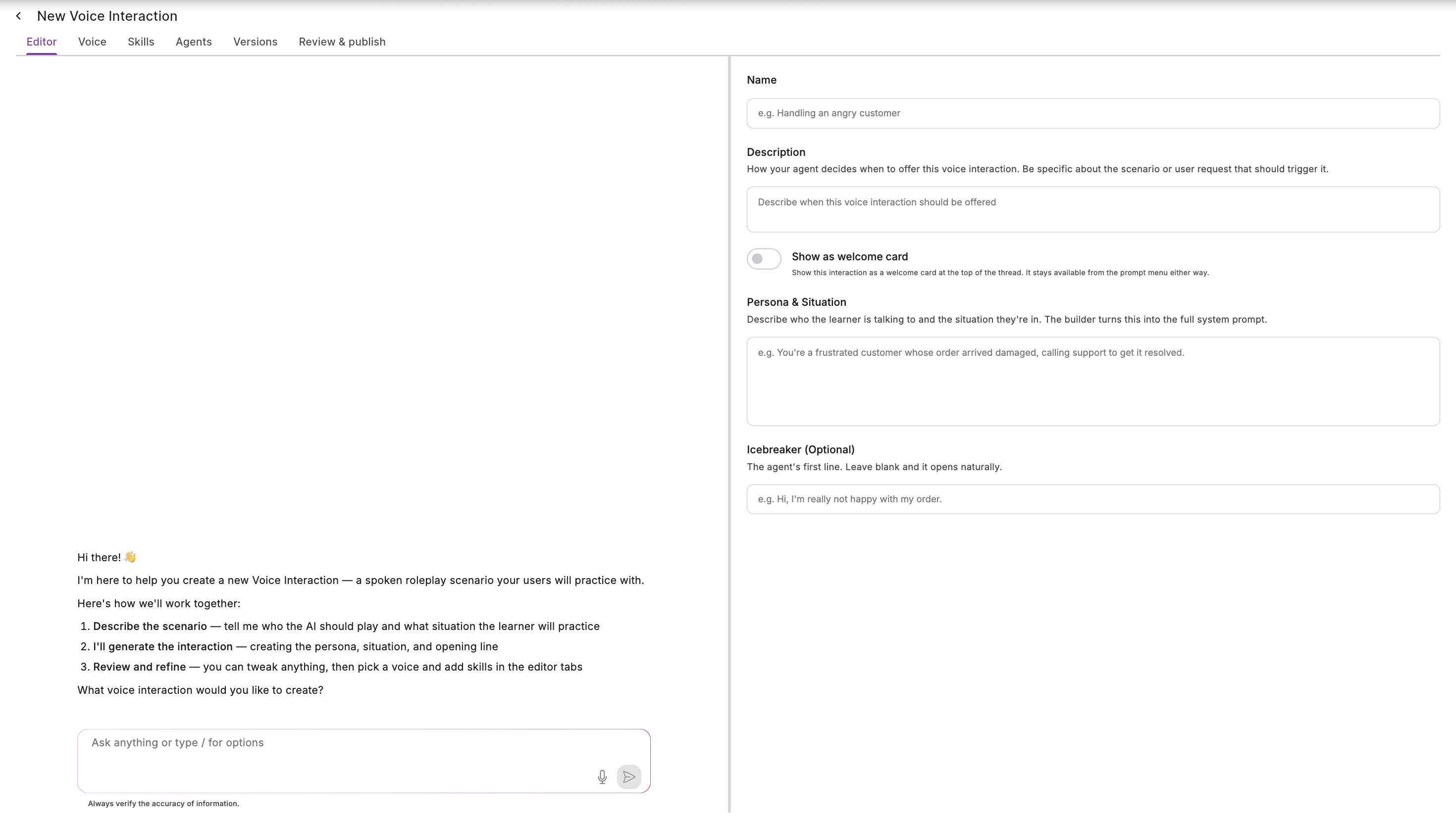 The two-pane Interaction Builder: chat on the left, interaction details on the right