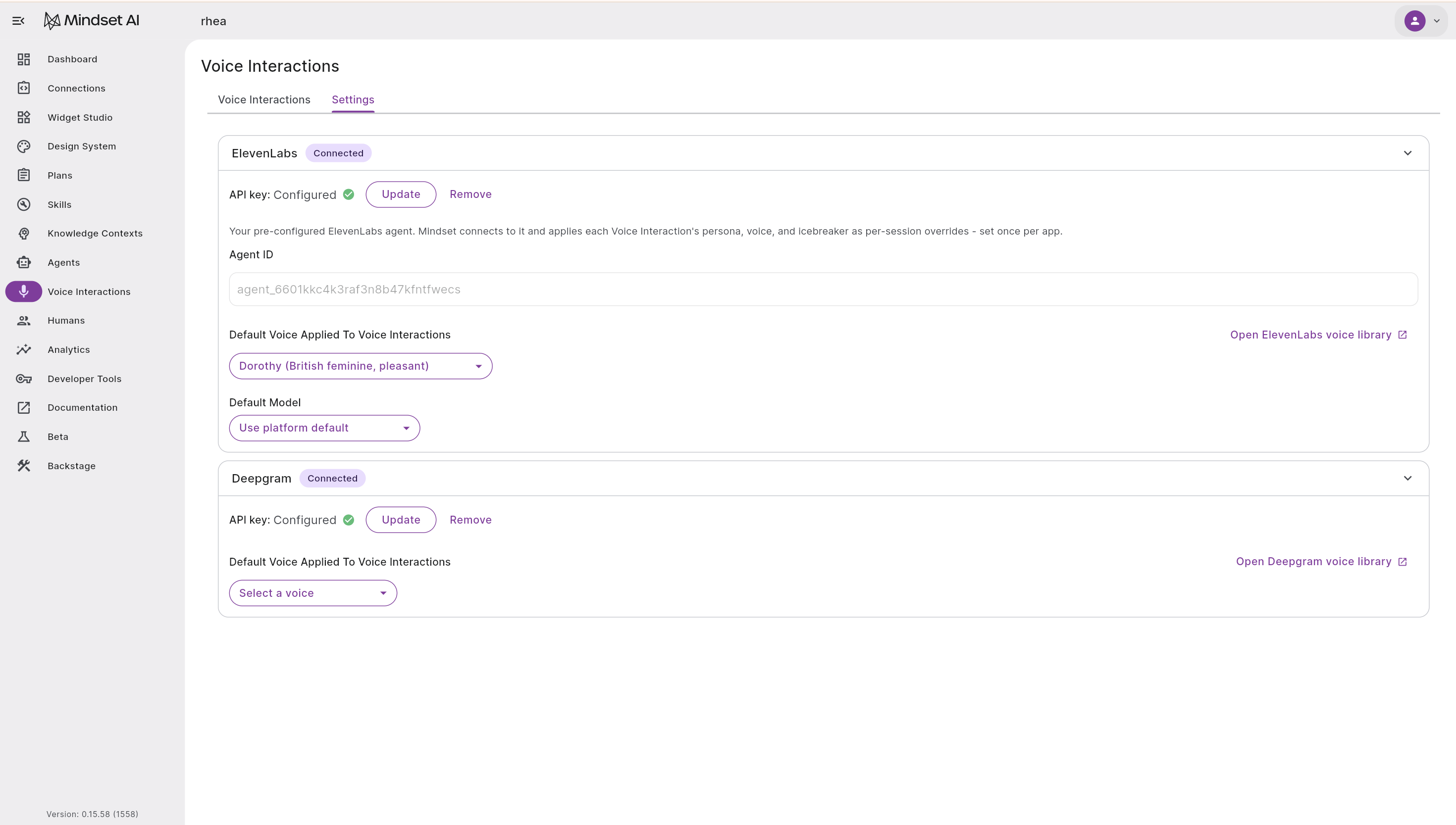 Settings showing the ElevenLabs and Deepgram provider panels